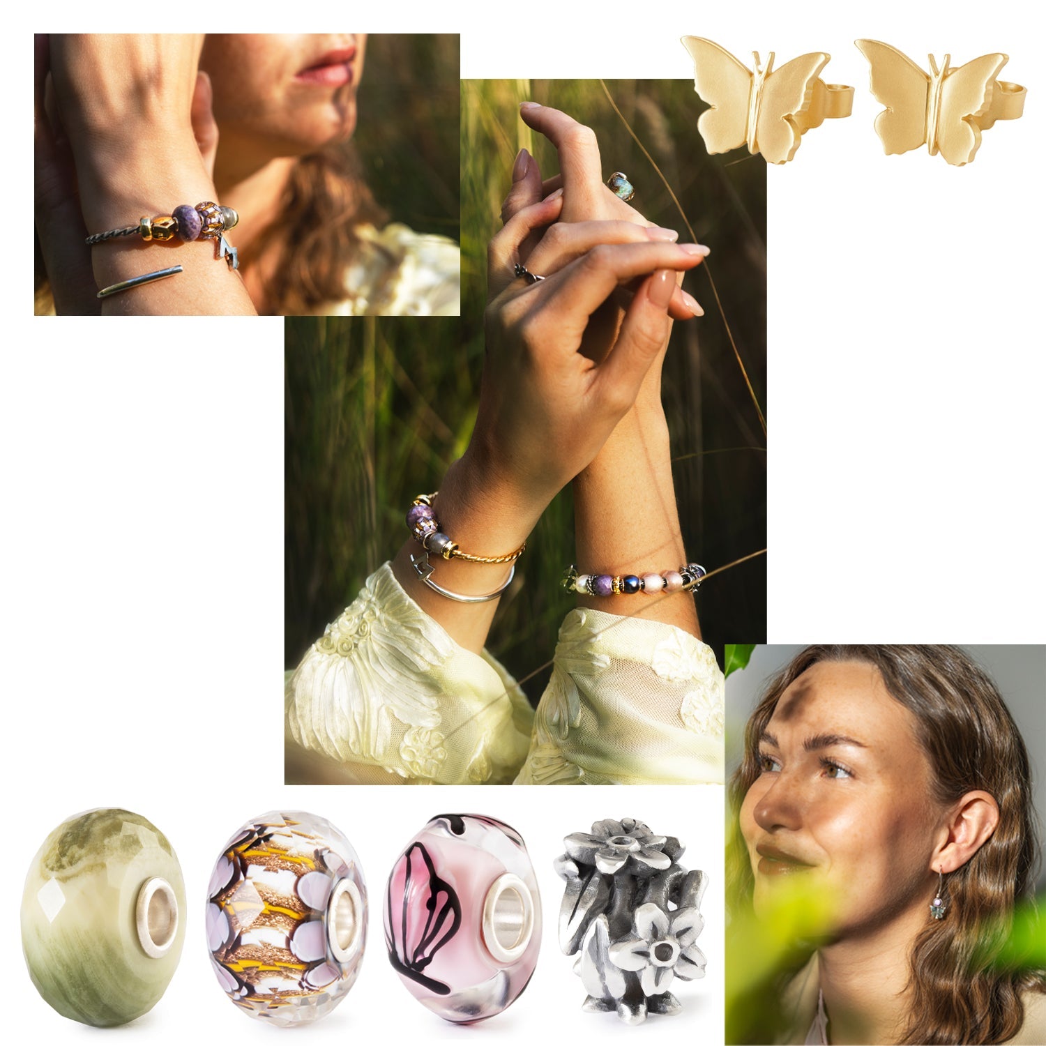 Collage of jewelry including bracelets, earrings, and glass beads with a natural background in green, silver, gold, purple and pink tones.